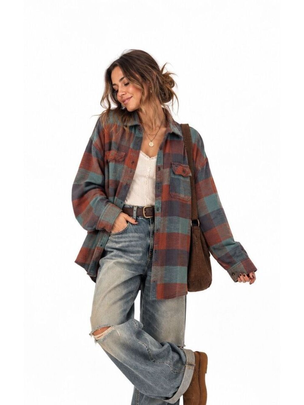 BDG Dani Oversized Plaid Flannel Shirt Teal Rust Cotton Grunge Shacket Womens XL